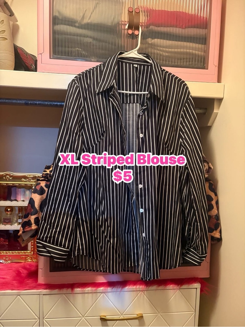 Black & White Striped Button-Up Blouse - XL
